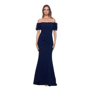 XSCAPE Elegant‎ Navy Off-Shoulder Evening Gown Ruffle Sleeves Size 10